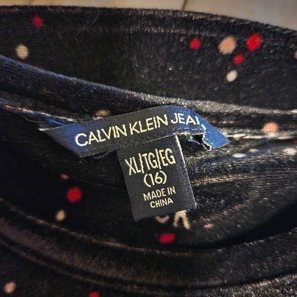 Calvin Klein Black Velvet Velour Dress Girl's XL 16 Short Sleeve Dot Logo Print - Picture 3 of 5